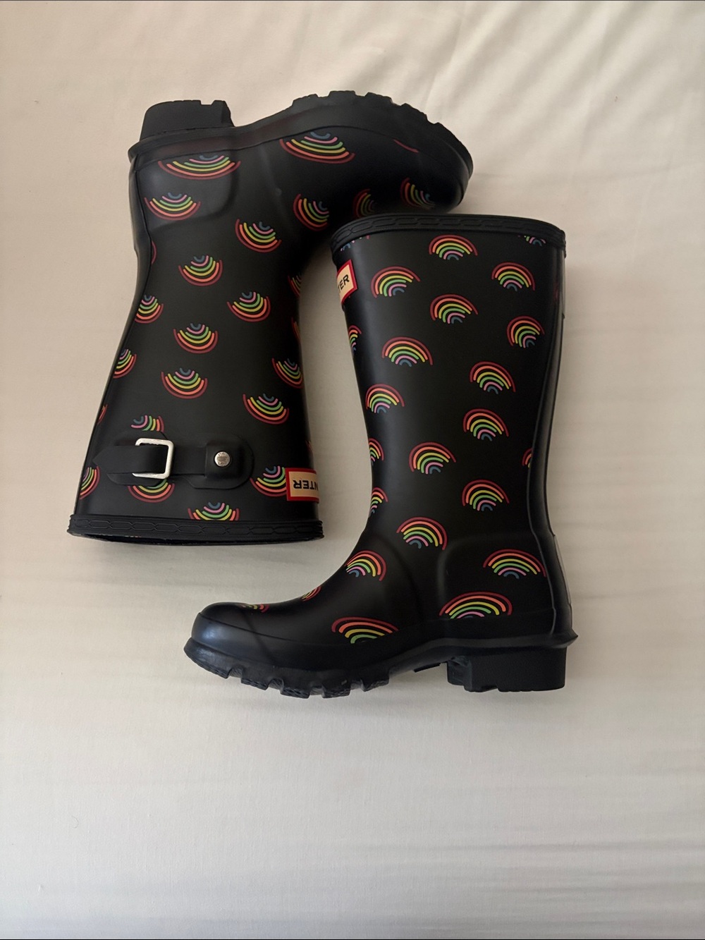 Hunter Kids Black Rain Boots with Rainbow Print - Picture 2 of 4